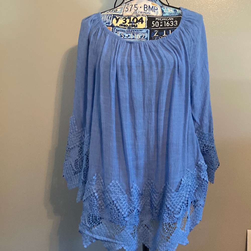 Blue linen top with eyelet detail